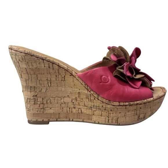 BORN Cork Wedge Open Toe Slide Sandals Hot Pink Beige Leather Sz 8, Heel 4” - Picture 1 of 6
